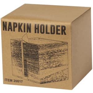 A brown cardboard box containing a napkin holder, illustrated with a wood-like texture and a logo on the side.