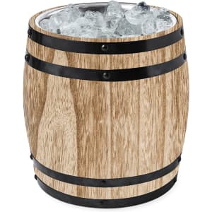 A wooden ice bucket with black metal bands, filled with clear ice cubes. It has a cylindrical barrel shape.