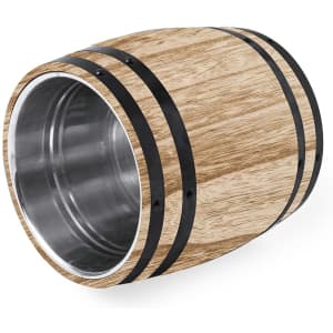 A wooden ice bucket with a stainless steel interior, featuring black metal bands around the body.