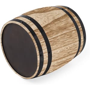 A wooden ice bucket with a natural finish and black metal bands, featuring a curved barrel shape.