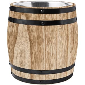 A wooden ice bucket featuring a barrel design with black metal bands. It has a shiny interior.