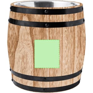 A wooden ice bucket with metal bands and a blank area for branding. The appearance resembles a barrel design.