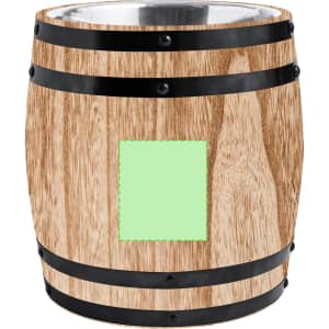 A wooden-look ice bucket with black metal bands and a blank green area for customisation.