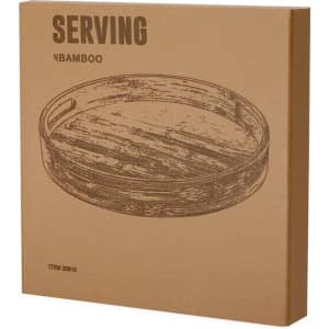 A bamboo serving tray in a natural wood finish, packaged in a simple cardboard box with a logo.