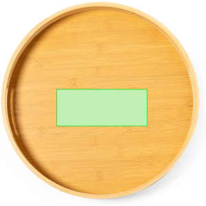 A round bamboo tray with a smooth surface and a central green rectangular section. It has a natural finish.
