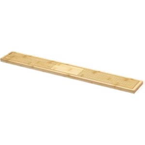 A long bamboo bar runner featuring a slatted design and a central section, ideal for home bar settings.