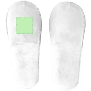 Flugax Slippers in white with a green placeholder section for branding or designs, featuring a simple slip-on design.