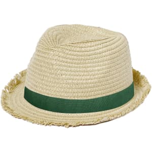 A straw hat in natural beige with a green ribbon band and a frayed edge. It features a logo on the side.