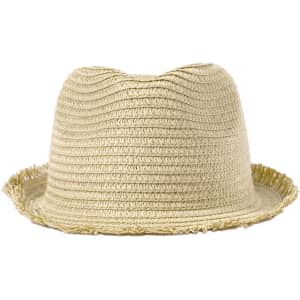 A straw hat in a natural beige colour with a textured, frayed brim and a rounded crown.