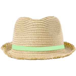A straw hat in a natural tan colour with a green ribbon band. It has a textured, woven design.