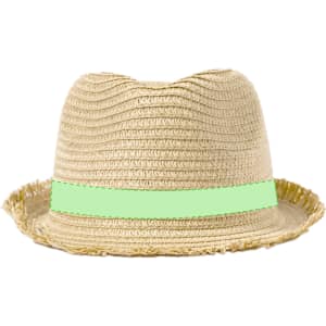 A straw hat in a natural colour with a green band around the base. It has a wide brim and textured design.