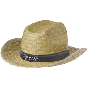 A straw hat in natural tones with a black band featuring a logo.