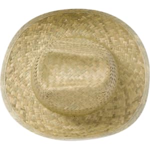 A straw hat with a wide brim, featuring a natural woven pattern in light brown tones. It has a logo on the side.