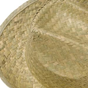 A straw hat in a natural beige colour, showcasing a woven pattern and a rounded crown.