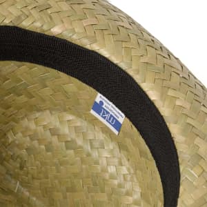 A straw hat with a textured tan weave and a black band. It features a logo tag on the side.