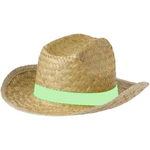 A straw hat with a wide brim and a light green band around the crown. It features a woven design.