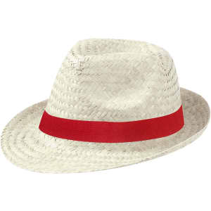 A straw hat in natural tones with a red ribbon band. It features a classic fedora style and has a branding logo.