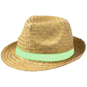 A straw hat in a light tan colour with a wide green band around the base. It features a triangular crown.