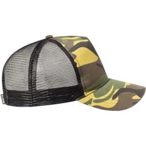 A camo-patterned cap featuring a mesh back, in green, brown, and yellow colours. It includes a logo on the side.