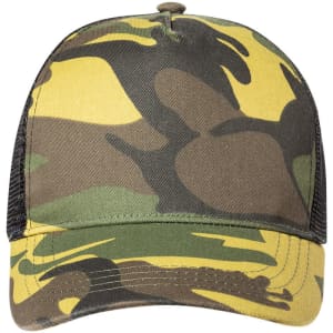 A camouflage cap featuring shades of yellow, green, and brown, with a black mesh back and a logo on the front.
