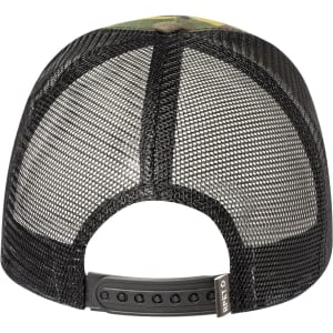 A black mesh back cap with a patterned front and an adjustable strap at the back, featuring a logo.