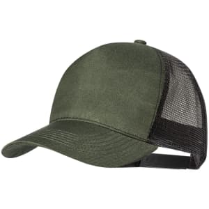 A green cap featuring a solid front and mesh back, with a curved peak and an adjustable strap.