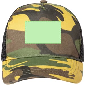 A camouflage cap featuring a black mesh back and a blank space on the front for customization.