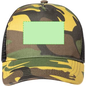 A camo-patterned cap featuring shades of green and yellow, with a blank section for branding or text.