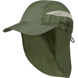 A cap in olive green with a mesh panel and a flap at the back for sun protection. It features a logo.