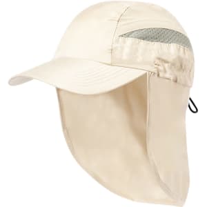 A beige cap with a mesh section and extended flap for sun protection, featuring a logo.