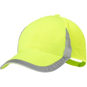 A bright yellow cap with grey accents and mesh panels, featuring an adjustable strap and a logo.