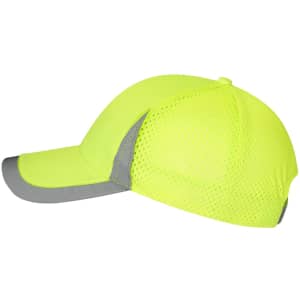A bright yellow cap with grey accents and mesh panels for ventilation. It features a logo on the front.