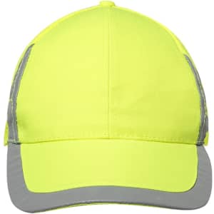 A bright high-visibility yellow cap with reflective accents and a grey brim. It features a logo on the front.
