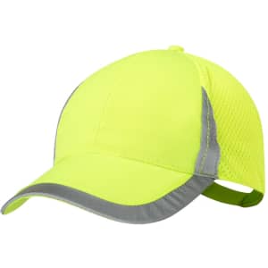 A bright yellow cap with a grey trim and mesh detailing, featuring an adjustable strap at the back.