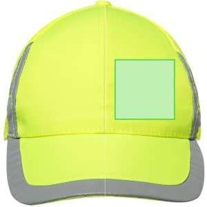 A bright yellow cap with reflective grey accents and a blank square area for logos or branding.