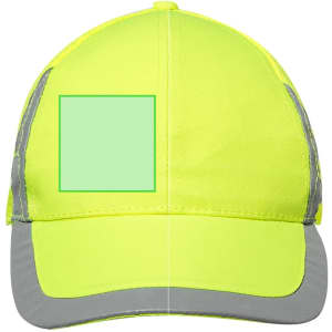 A bright yellow cap featuring reflective detailing and a logo on the front. Suitable for headwear promotions.