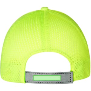 A bright yellow mesh cap with a grey adjustable strap at the back, featuring a branding logo.