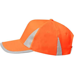 An orange cap featuring reflective silver accents and a curved brim. The cap includes a logo on the front.
