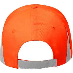 A cap featuring a bright orange colour with reflective grey panels at the back and an adjustable strap.
