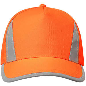 An orange cap with reflective grey panels and a curved brim. It features a logo on the front.