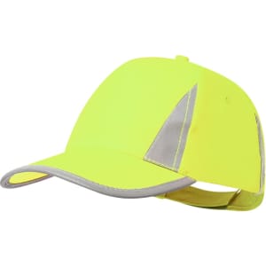 A bright yellow cap with reflective grey accents and a curved brim. It features a logo on the side.