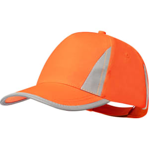 An orange cap with reflective grey accents and a curved brim. The cap has a logo on it.