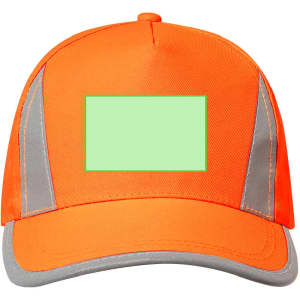 An orange cap with reflective silver accents and a blank green patch on the front. It has a curved brim.