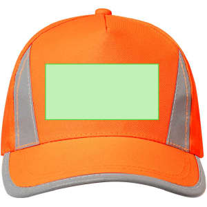 An orange cap with reflective grey panels and a blank area for customisation. It features a branded logo.