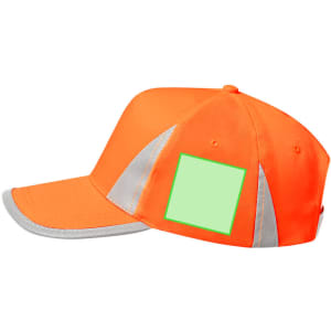 An orange cap features reflective panels and an area for branding. The cap has a grey peak.