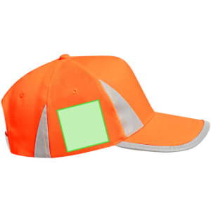 An orange cap with reflective detailing and a blank space for customisation. It features a grey brim.
