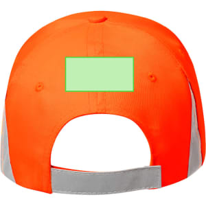 A bright orange cap with a grey brim and an adjustable strap at the back, featuring a blank space for a logo.