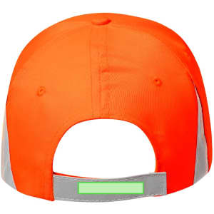 An orange cap with reflective grey accents and a rear adjustable strap, featuring a logo.