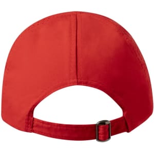 A red cap featuring a strap adjustment at the back and a branding logo on the exterior.