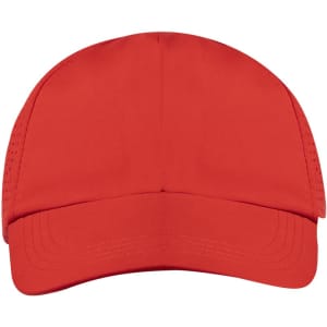 A red cap with a curved brim and vented sides. It features a logo on the front.